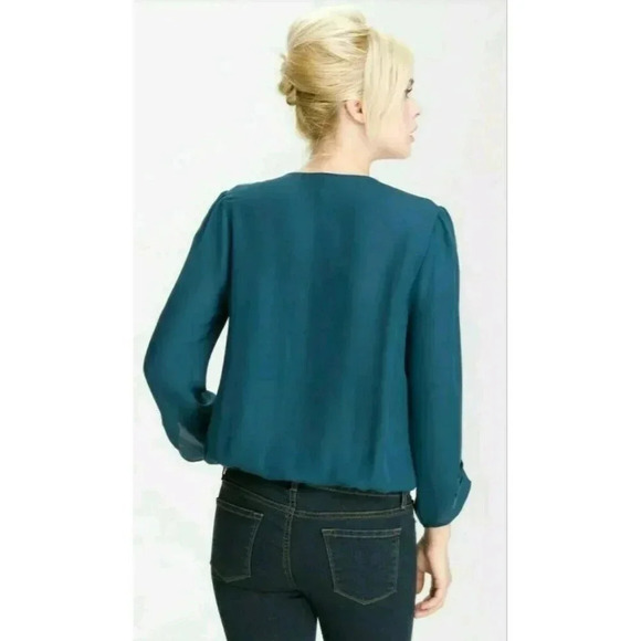 JOIE Yogini Silk Blouse size L Layered Surplice Faux Wrap Teal 3/4 sleeve VNeck - Picture 2 of 12